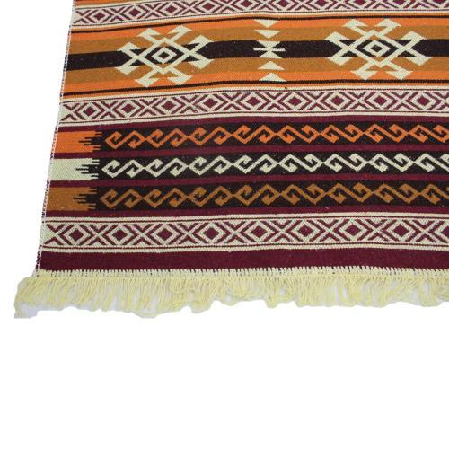 Alfombra turca kilim marrón, negro y naranja antique